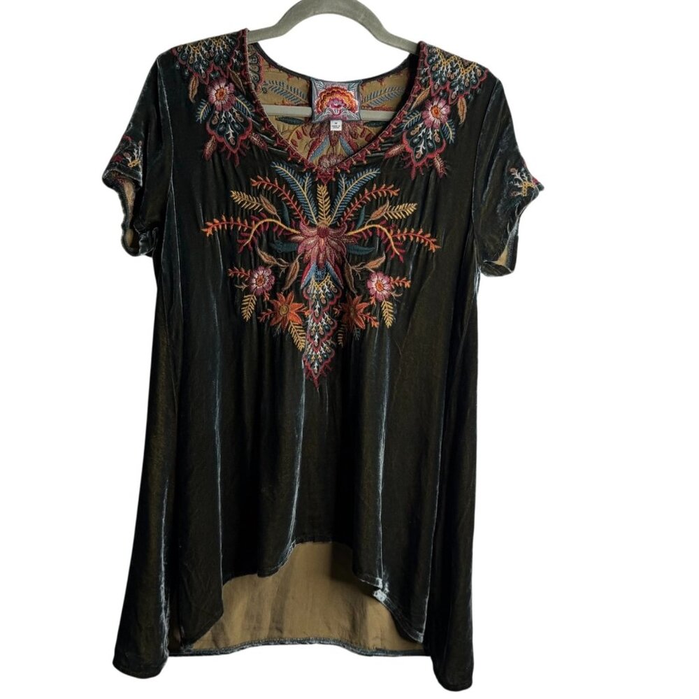 Johnny Was Aivita Embroidered Green Velvet Drape Tunic Top Blouse Size M